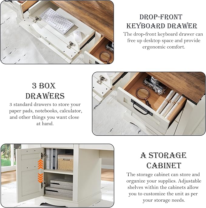 60" Farmhouse Executive Desk with Drawers, Wood Home Office Desk w/Charging Station, Keyboard Tray, File Drawer, Storage Cabinet