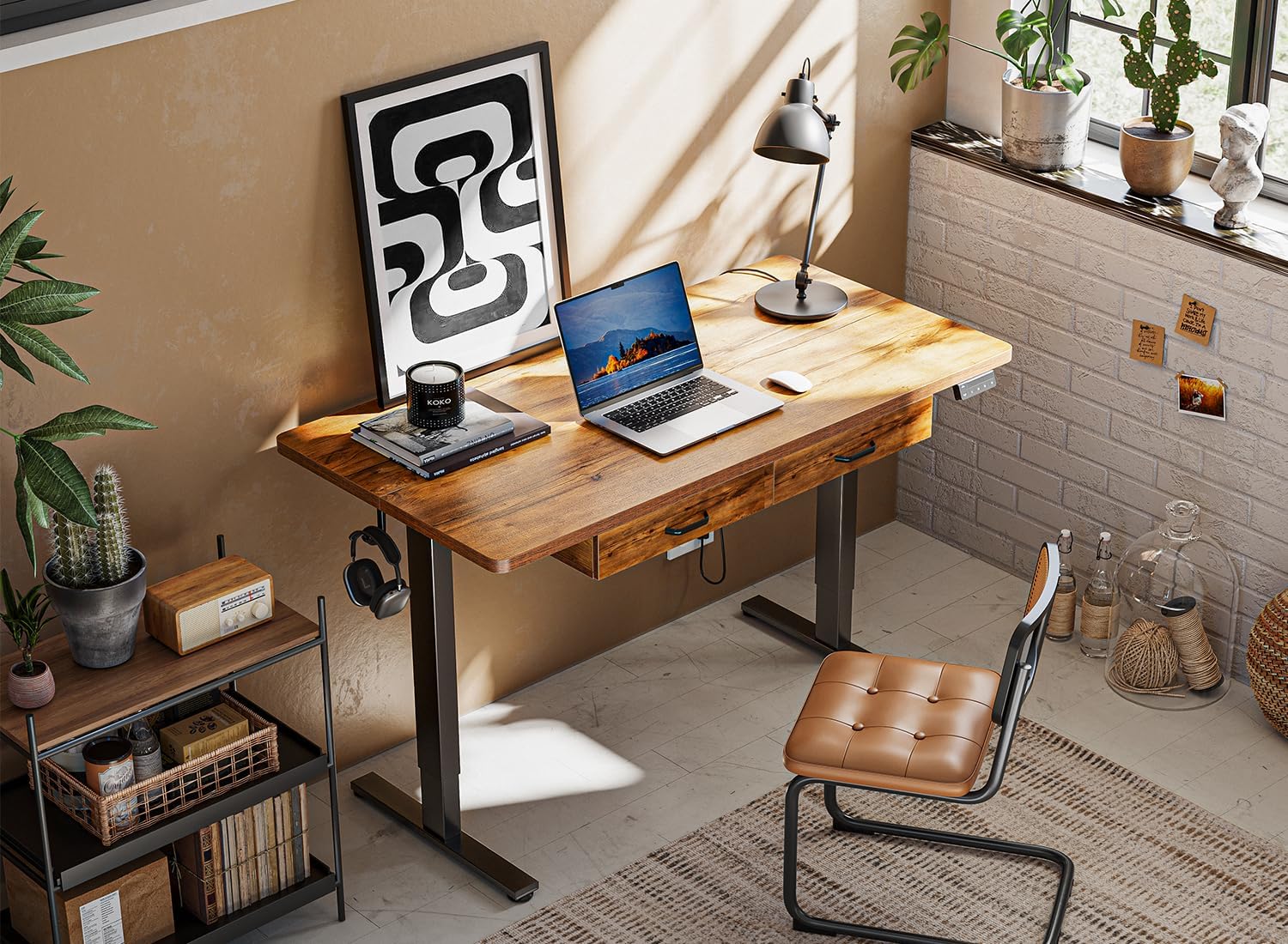 Adjustable Height Electric Standing Desk with Double Drawer, 55x 24 Inches Stand Up Home Office Desk with Splice Tabletop