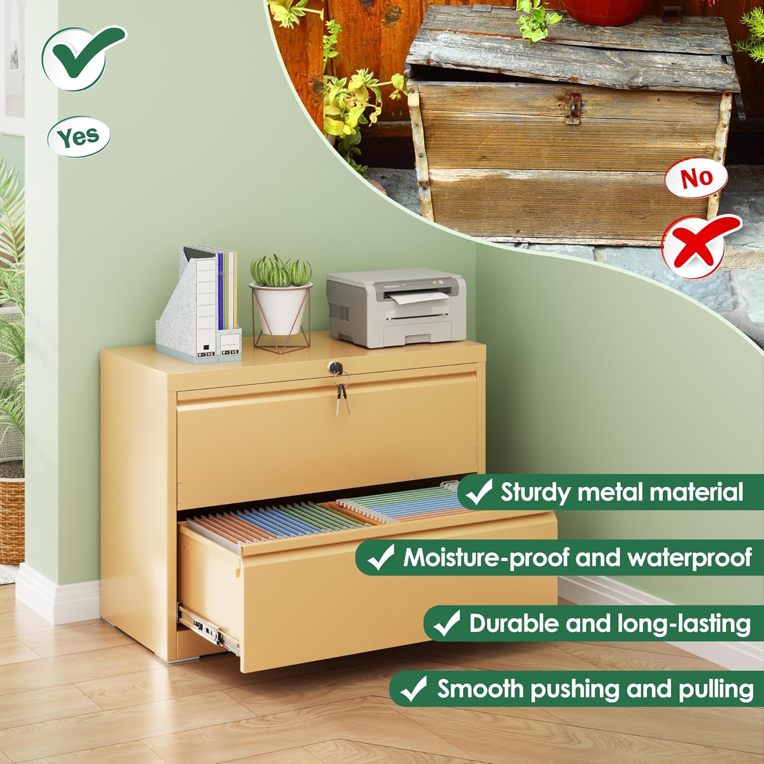 2 Drawers Lateral File Cabinet, Metal Lateral Filing Cabinet, Office Wide Storage File Cabinet for Letter/Legal/A4 Size