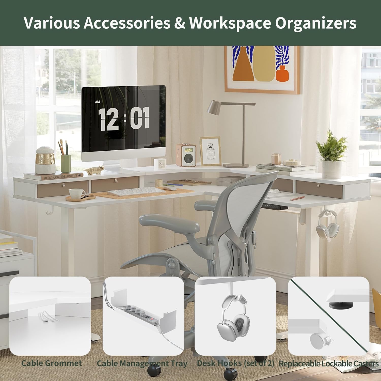 63" L Shaped Standing Desk with 4 Drawers, Electric Standing Gaming Desk Adjustable Height