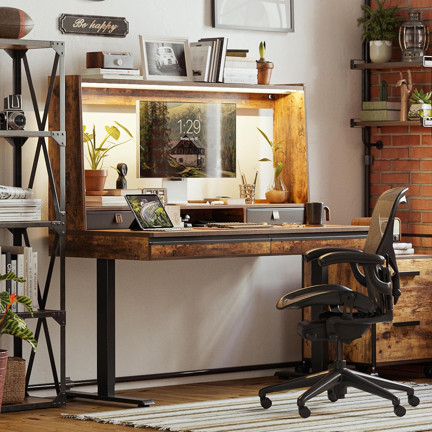 55 x 27.5 Inches Electric Standing Desk with Open Shelf&LED Strip, Adjustable Height Sit Stand Up Desks with 4 Drawers