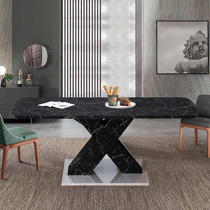 47.24"-62.99" Black Dining Table, Rectangular Stretchable Modern Dining Table
