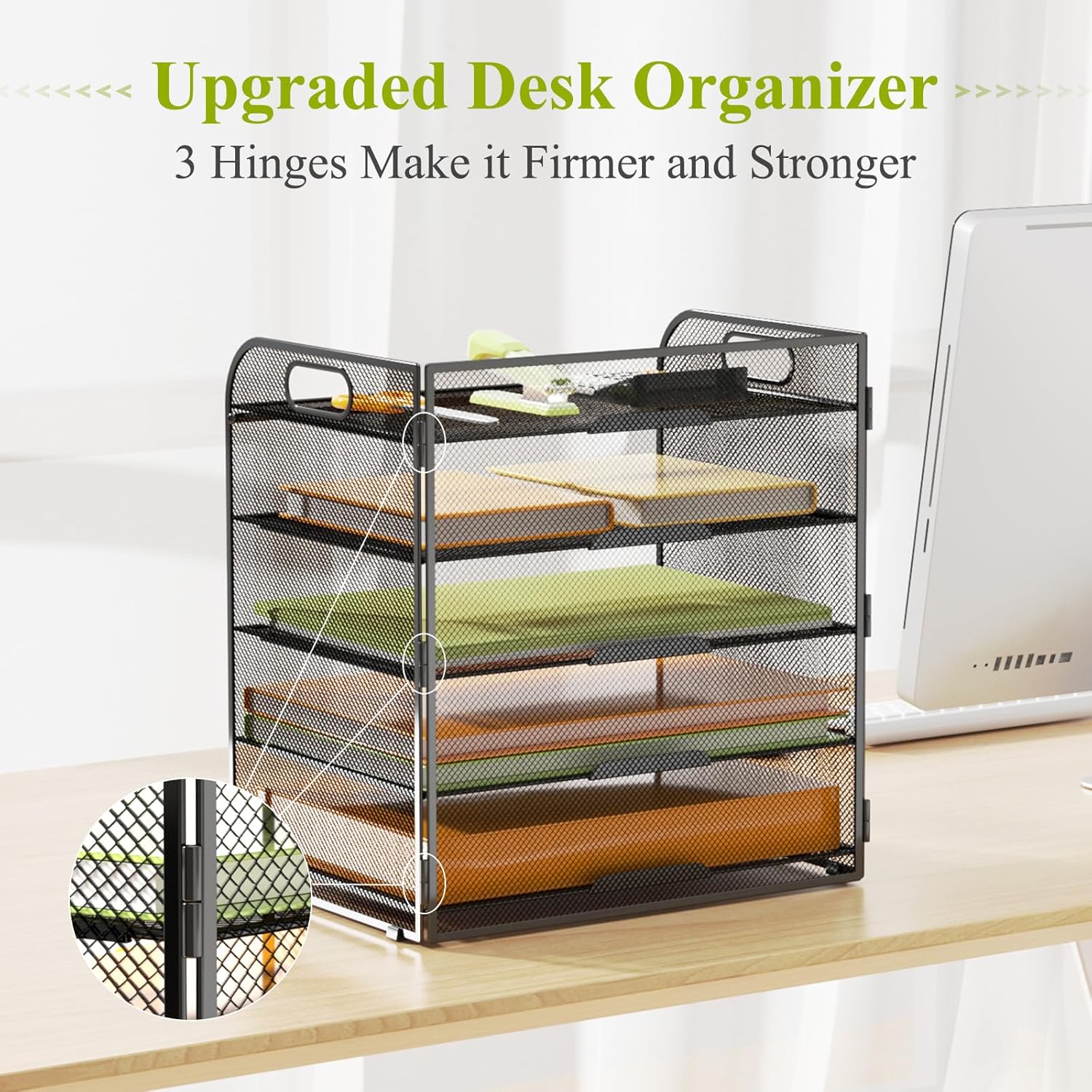 5 Tier Paper Letter Tray Organizer with Handles, Mesh Desk File Organizer Metal Paper Sorter Holder