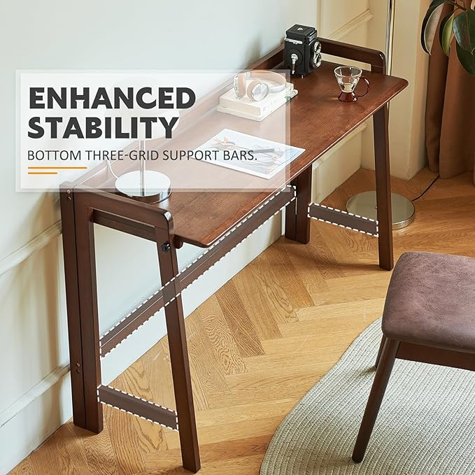 Solid Wood Folding Desk Mid Century Modern Desk, 39'' Foldable Writing Computer Desk for Home Office, Simple Study Makeup Workstation