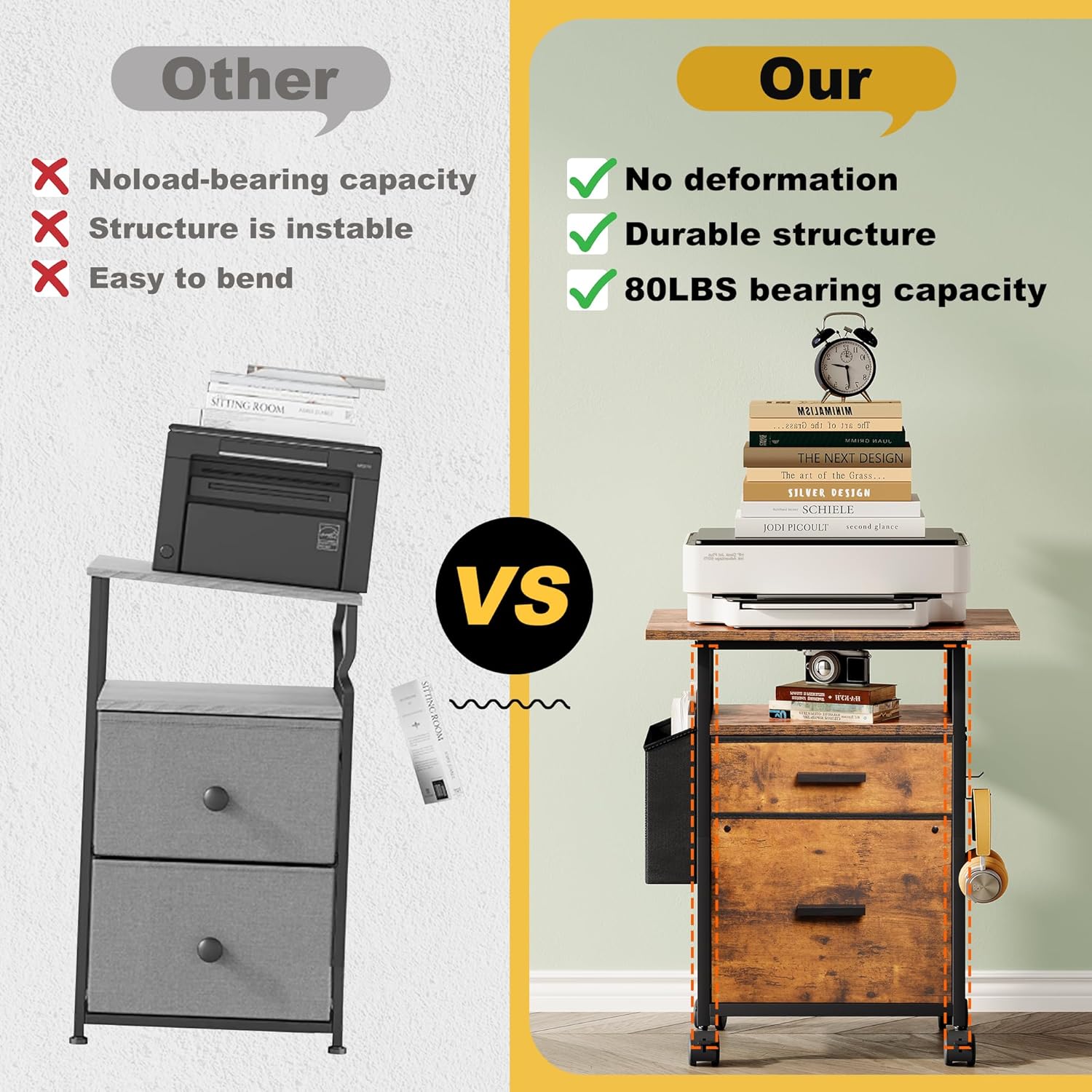File Cabinet Printer Stand, Mobile Filing Cabinet with 2 Storage Drawers, for Hanging A4, Letter Size File Folders