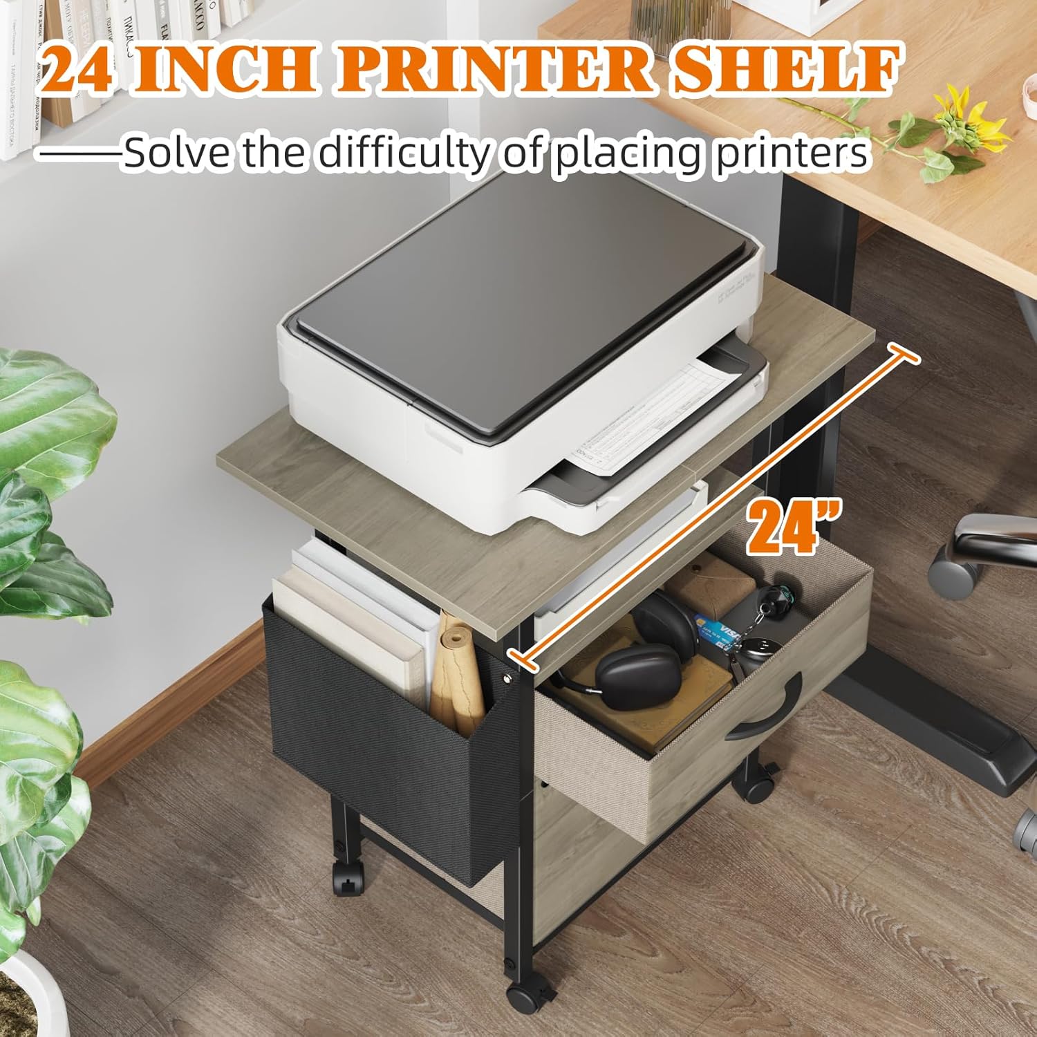2 Drawer File Cabinet with 24'' Extended Desktop, Mobile Filing Cabinet, Rolling File Cabinet with Side Bag
