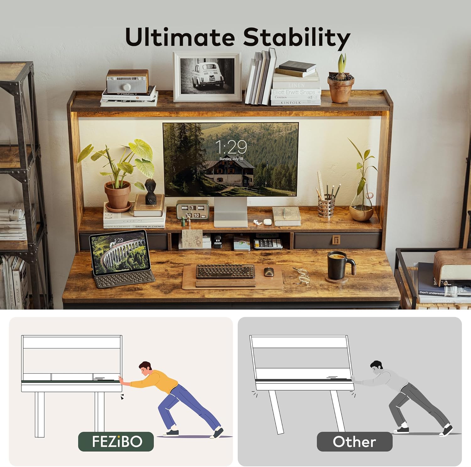 55 x 27.5 Inches Electric Standing Desk with Open Shelf&LED Strip, Adjustable Height Sit Stand Up Desks with 4 Drawers