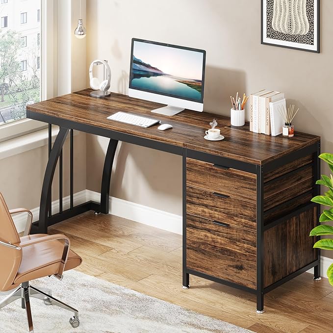 Computer Desk with 3 Drawers, 59-Inch PC Desk with Reversible Drawers, Industrial Study Writing Table Workstation