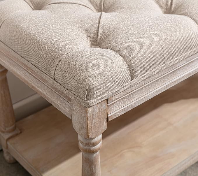 Farmhouse Tufted Storage Ottoman Bench with Shelf, 31.5" Width Linen Upholstered Entryway Shoe Ottoman