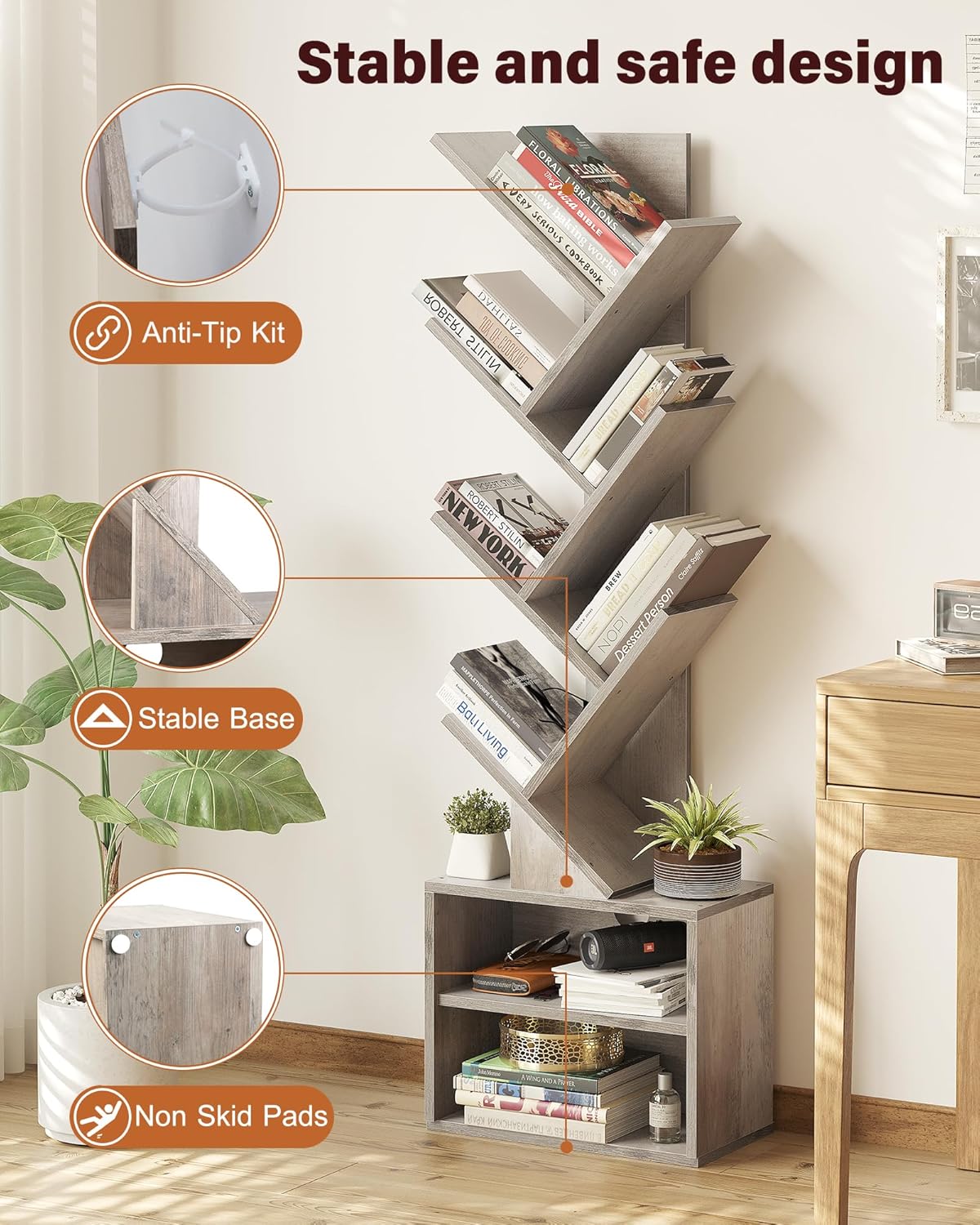 6 Tier Tree Bookshelf, Tall Bookcase with Storage Cabinet, Modern Narrow Bookshelves Organizer