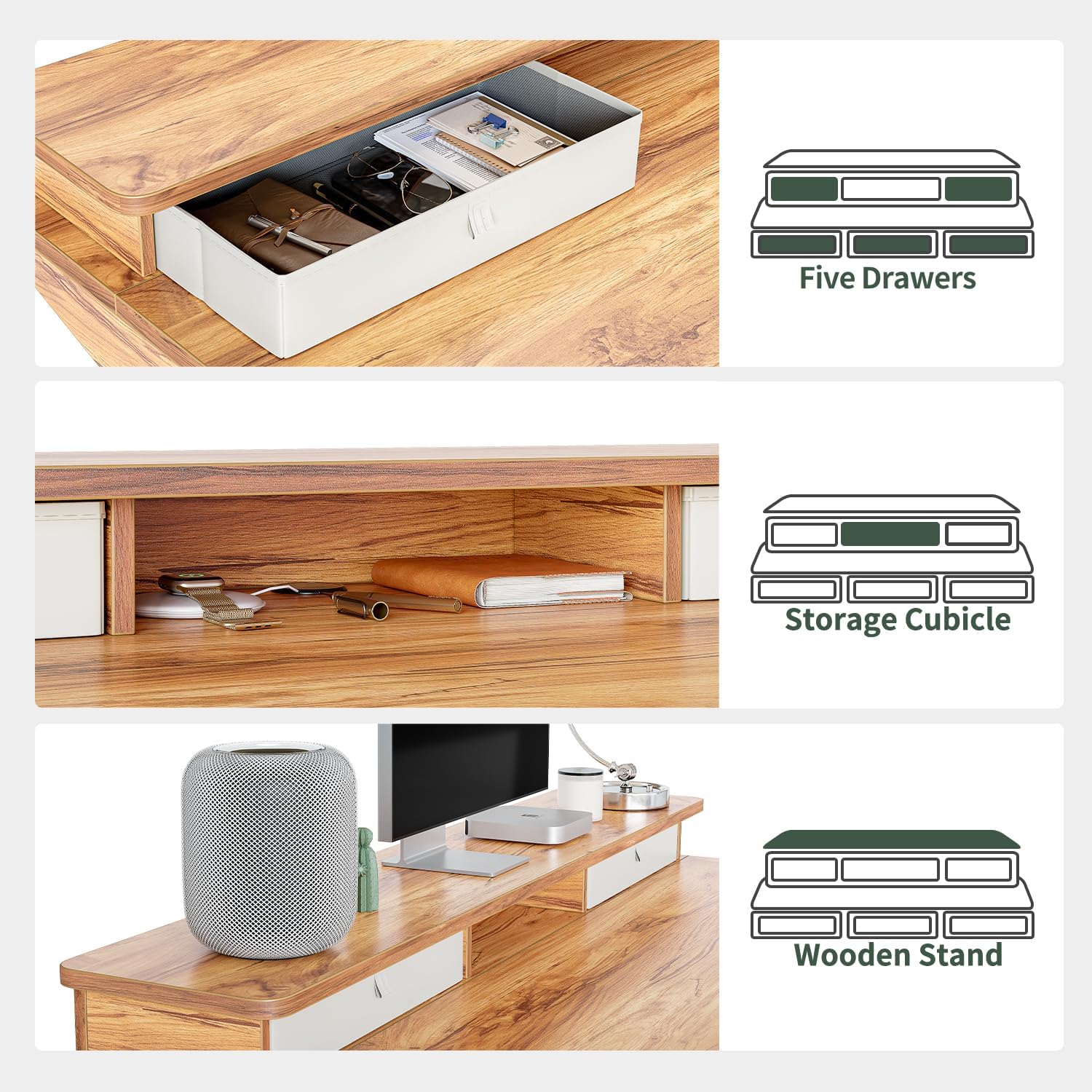 Height Adjustable Electric Standing Desk with 5 Drawers, 48 x 24 Inch Table with Storage Shelf