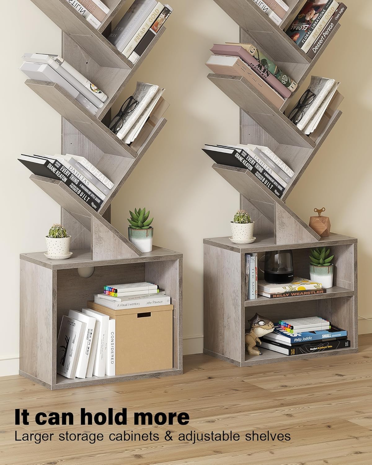 6 Tier Tree Bookshelf, Tall Bookcase with Storage Cabinet, Modern Narrow Bookshelves Organizer
