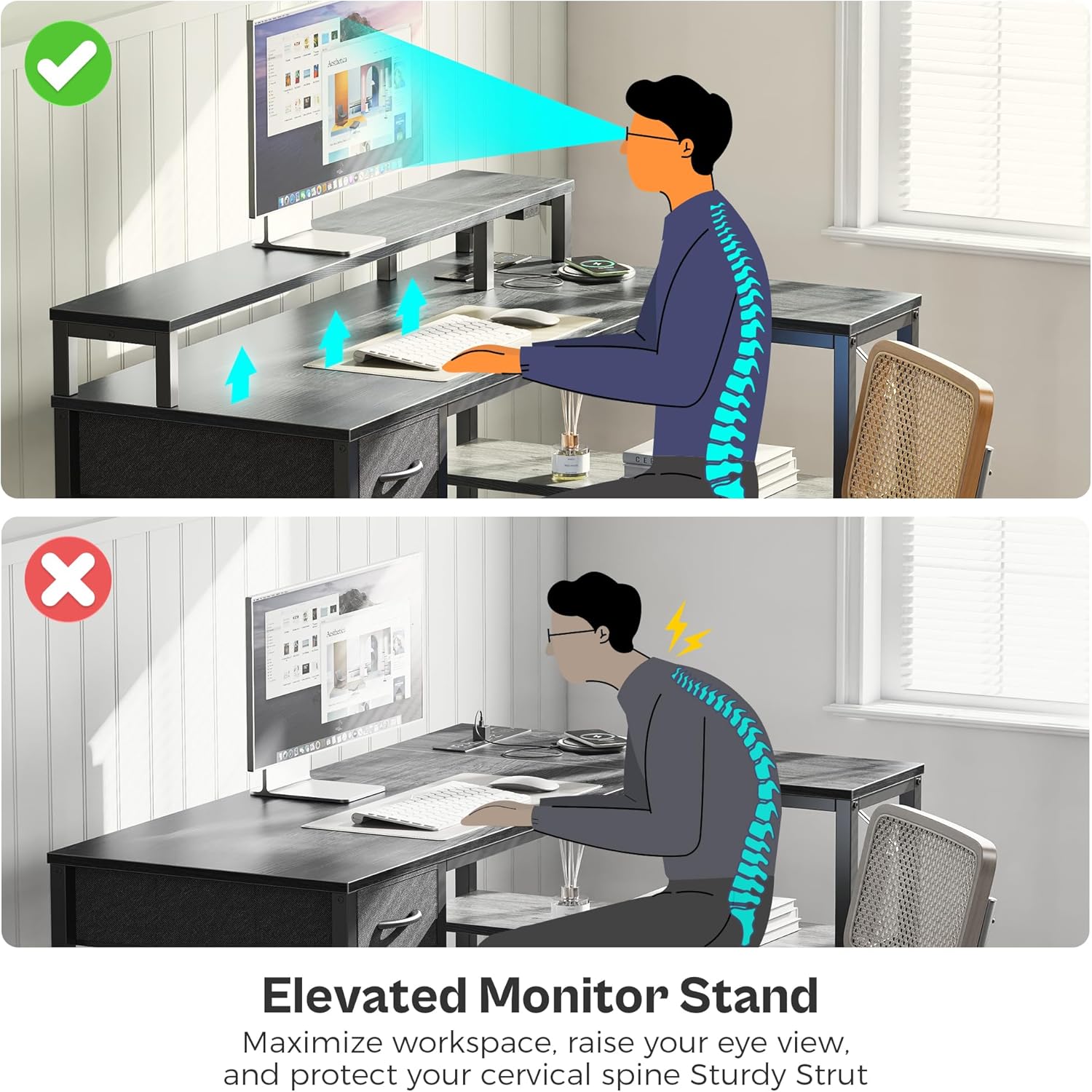 47 inch Reversible L Shaped Desk with LED Lights & Power Outlets, Computer Desk with Shelves & Monitor Stand