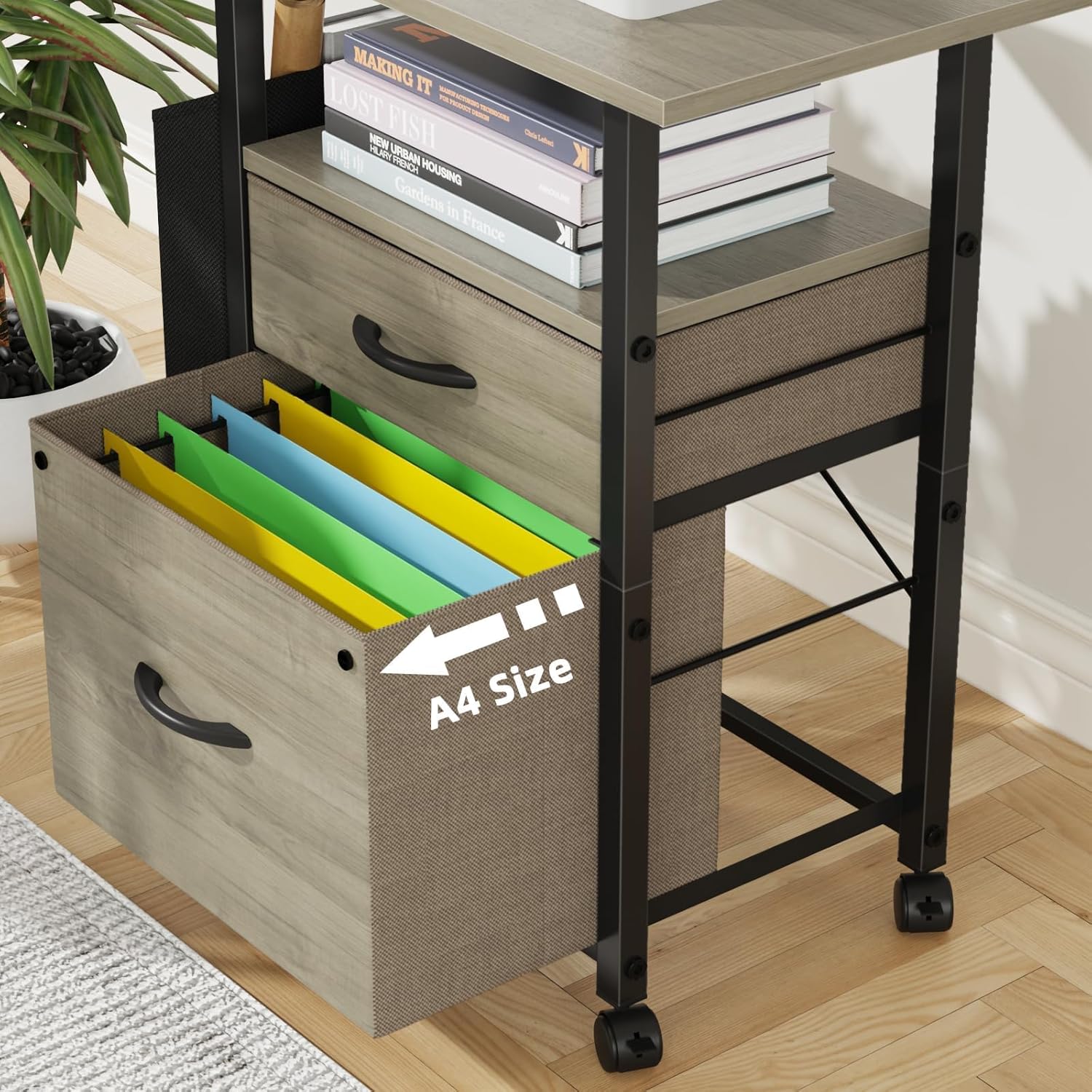 2 Drawer File Cabinet with 24'' Extended Desktop, Mobile Filing Cabinet, Rolling File Cabinet with Side Bag