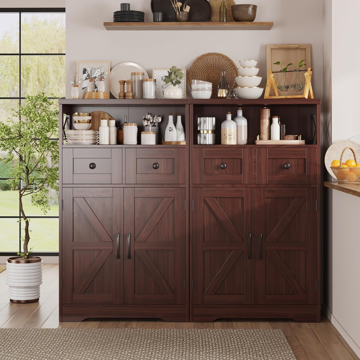 Dark Brown Storage Cabinet with Doors and Shelves, Farmhouse Kitchen Pantry Cabinet with Storage, Coffee Bar Station Cabinet