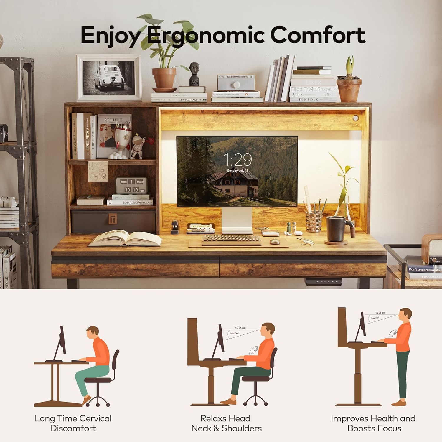 55 x 27.5 Inches Electric Standing Desk with Open Shelf&LED Strip, Adjustable Height Sit Stand Up Desks with 3 Drawers