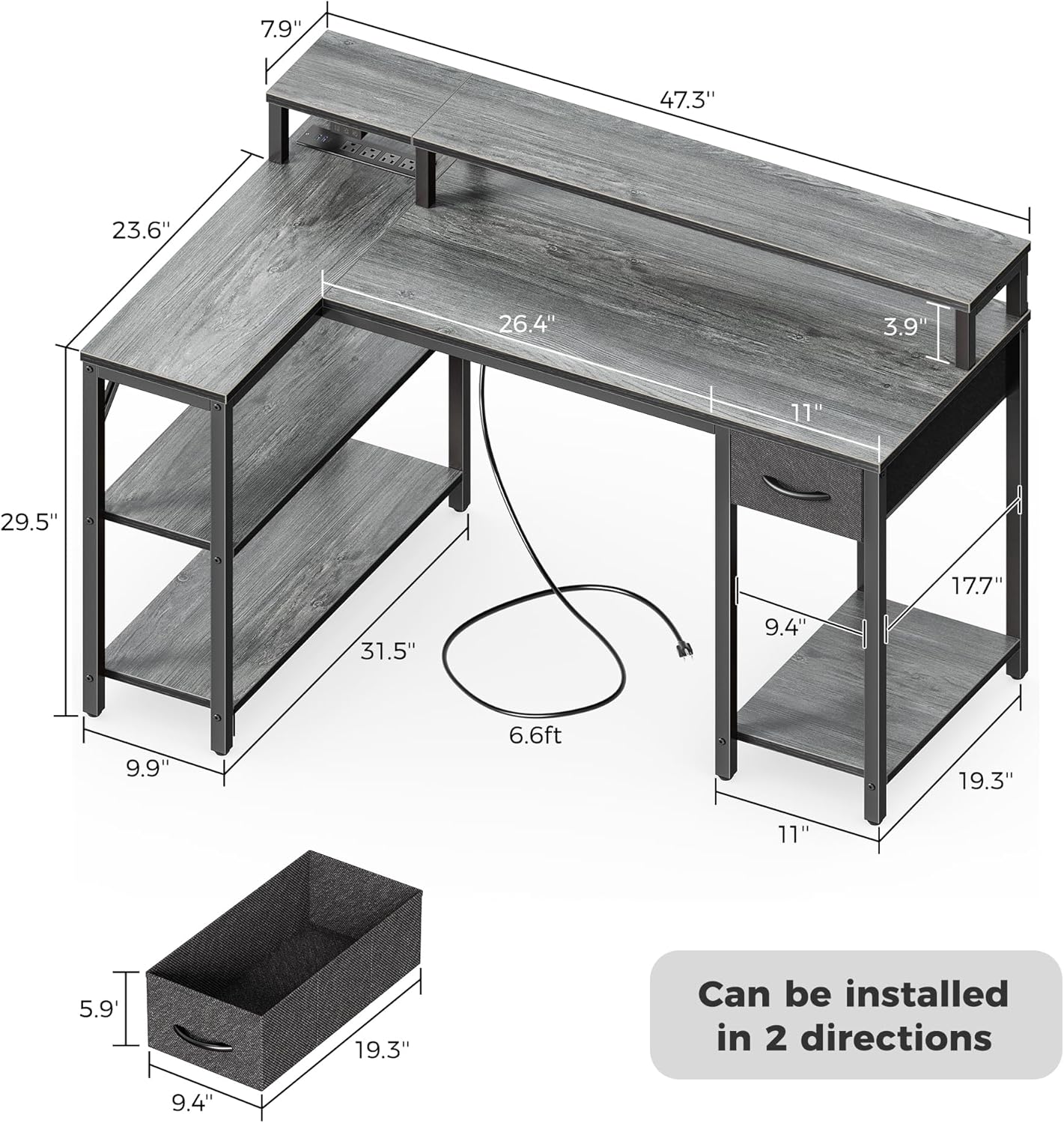 47 inch Reversible L Shaped Desk with LED Lights & Power Outlets, Computer Desk with Shelves & Monitor Stand