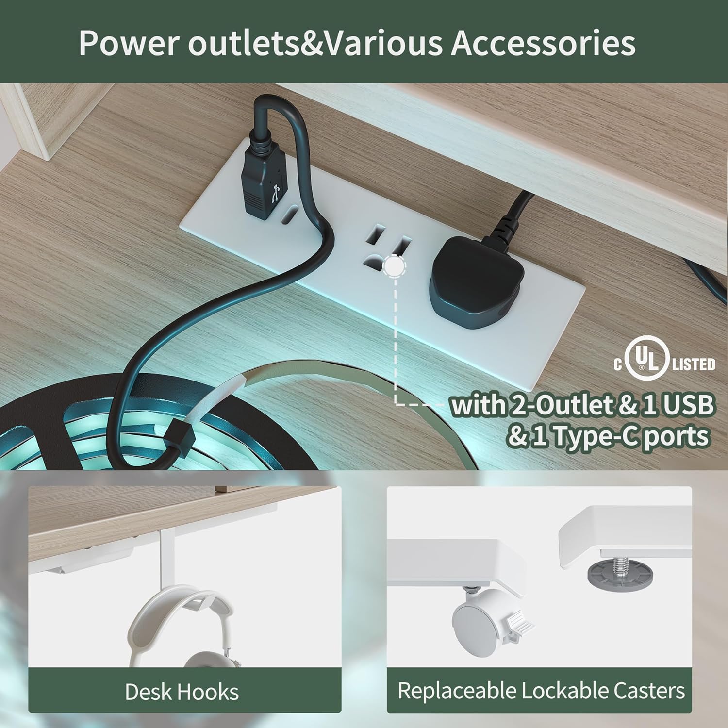 Triple Motor L Shaped Stadning Desk with LED Strip & Power Outrlets，63 inches Height Adjustable Stand up Corner Desk