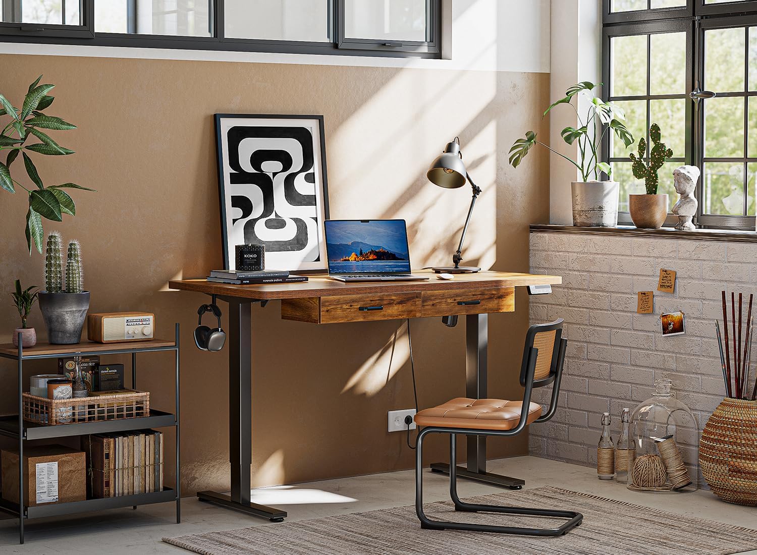 Adjustable Height Electric Standing Desk with Double Drawer, 55x 24 Inches Stand Up Home Office Desk with Splice Tabletop