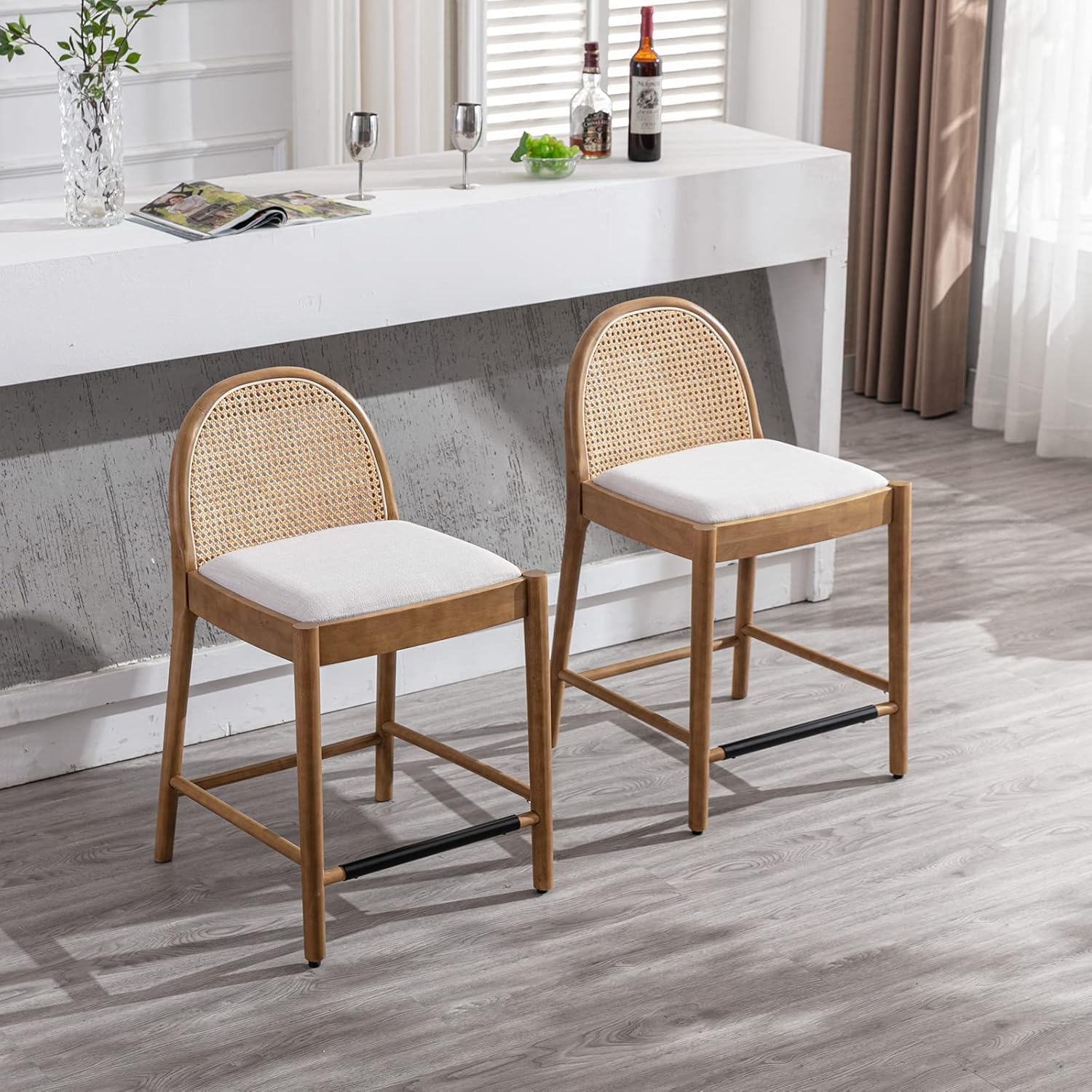 Modern Beige Rattan Counter Stools Set of 2, 26 Inch Height