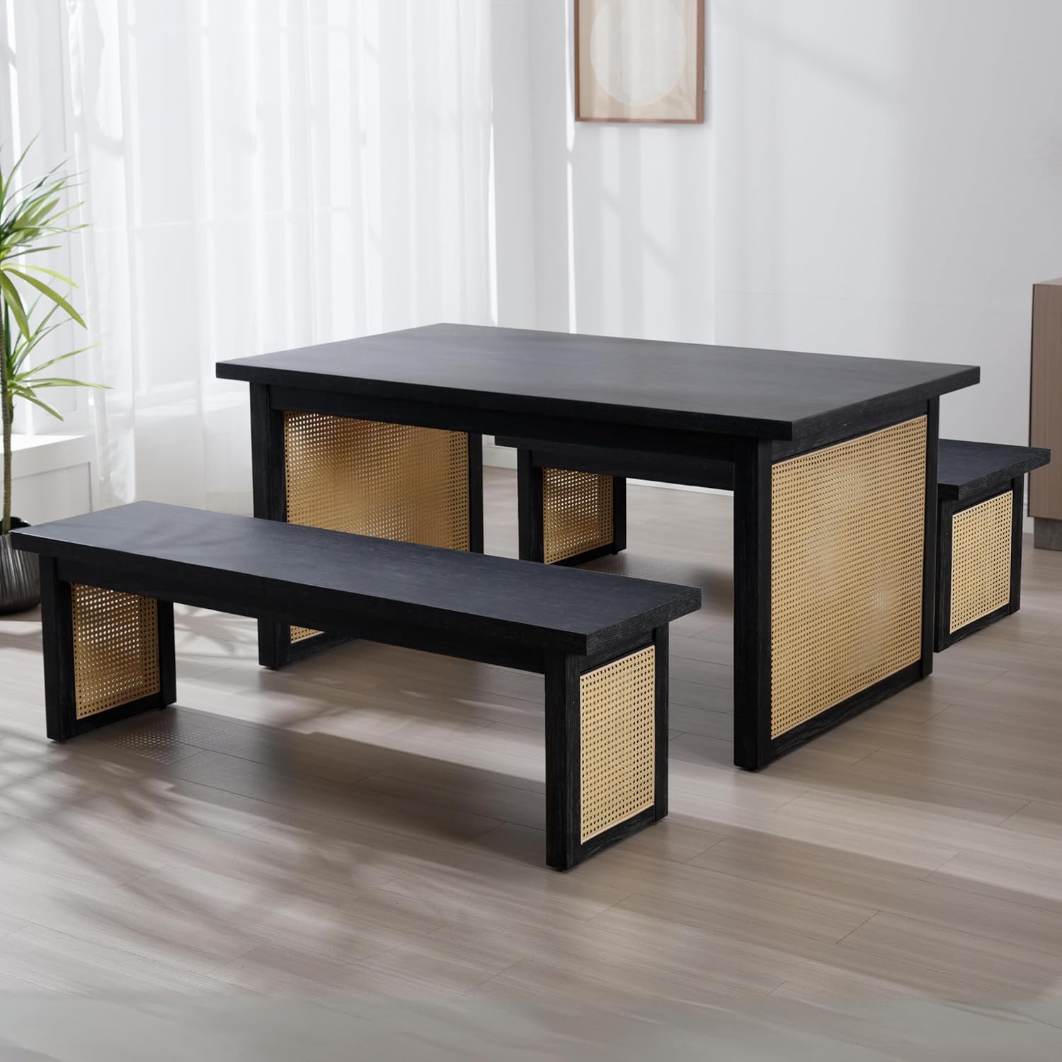 60" Wood Dining Bench with Rattan Fininsh, Farmhouse Indoor Kitchen Table Bench