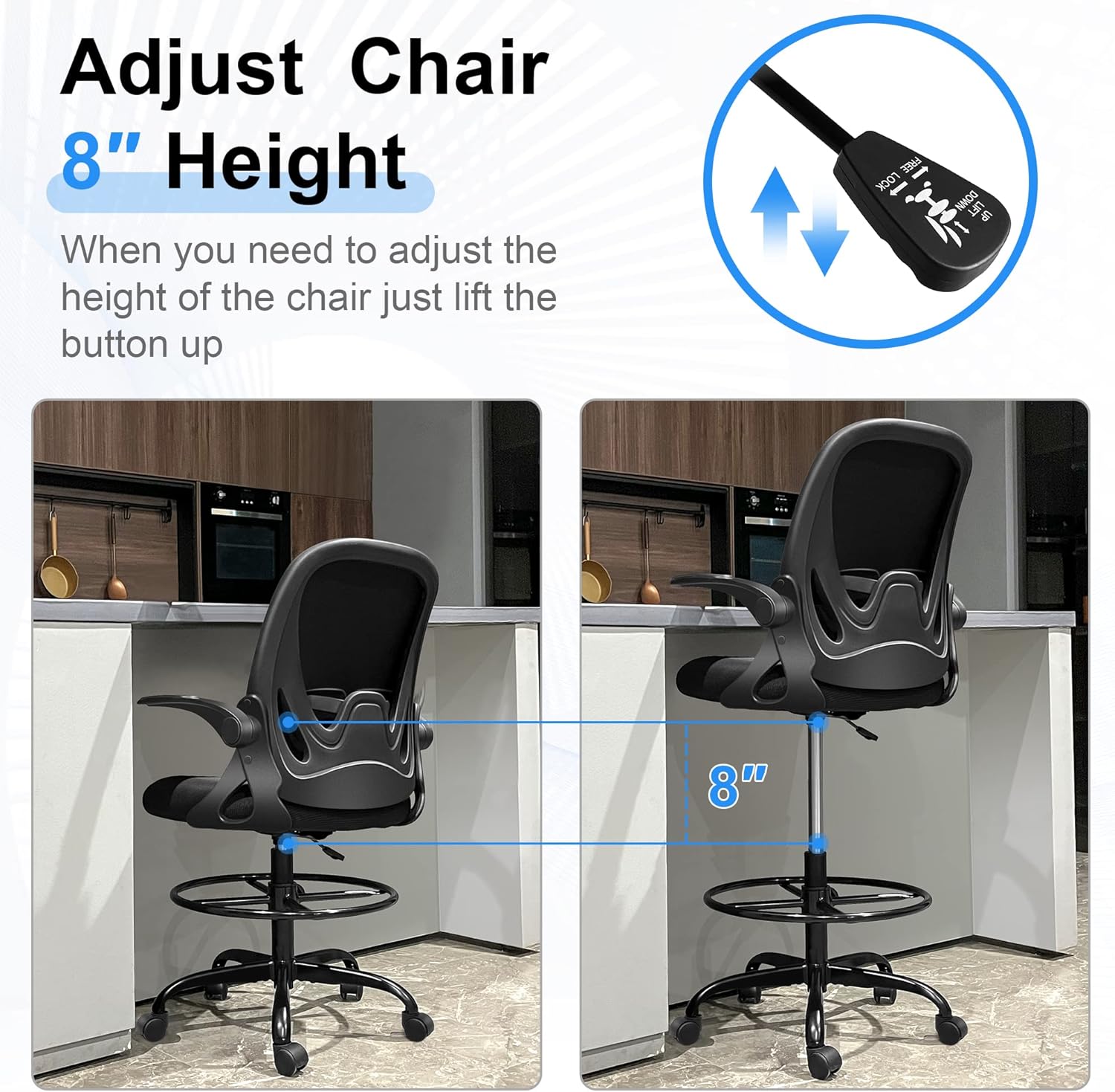 Drafting Chair Tall Office Chair with Flip-up Armrests Executive Ergonomic Computer Standing Desk Chair