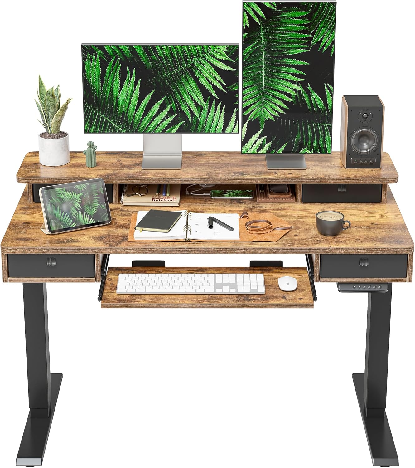 Height Adjustable Electric Standing Desk with 4 Drawers and Keyboard Tray, 48 x 24 Inch Table with Storage Shelf