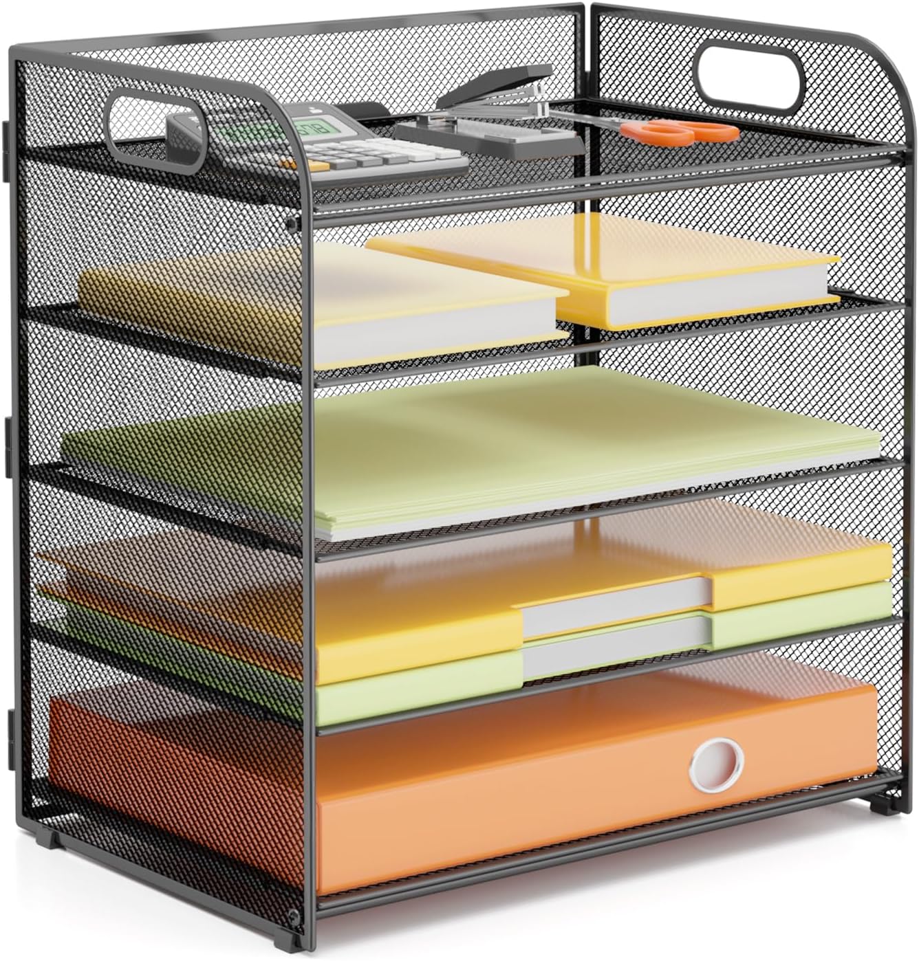 5 Tier Paper Letter Tray Organizer with Handles, Mesh Desk File Organizer Metal Paper Sorter Holder