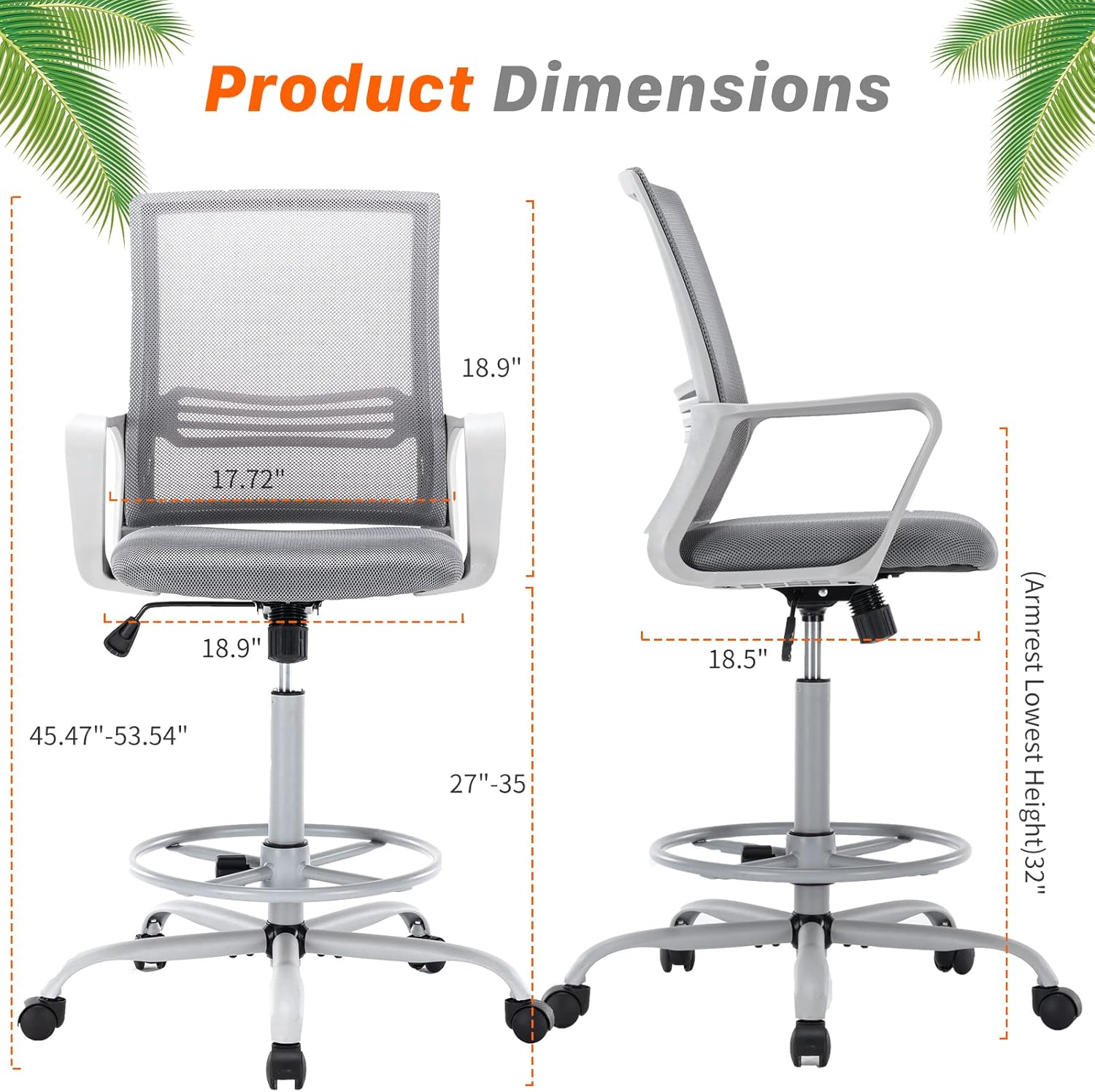 Mid-Back Mesh Tall Office Drafting Stool Chairs with Armrest for Standing Desk, Grey