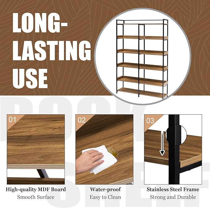 71 Inch Tall Bookshelf, 6-Tier Industrial Bookshelf