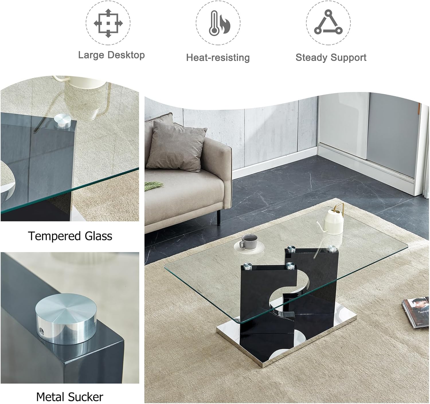 Rectangle Coffee Table, Clear Coffee Table with Tempered Glass Top