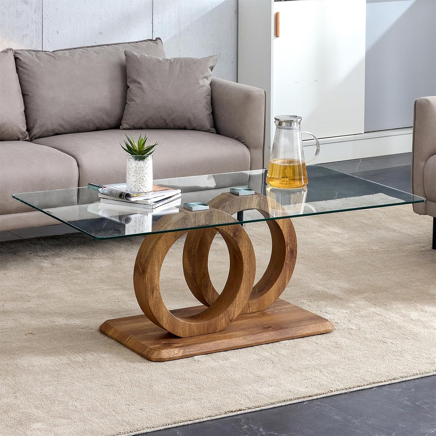 Wood Coffee Table, Coffee Table with Tempered Glass Top, Coffee Table with OO Structure and MDF Base