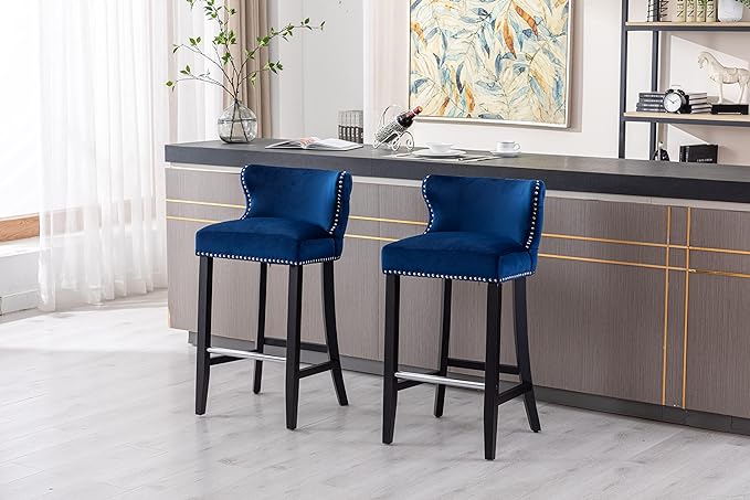 Velvet Wingback Bar Stools Set of 2, Contemporary Leisure 37" Upholstered Button Tufted Counter Height Bar Stool