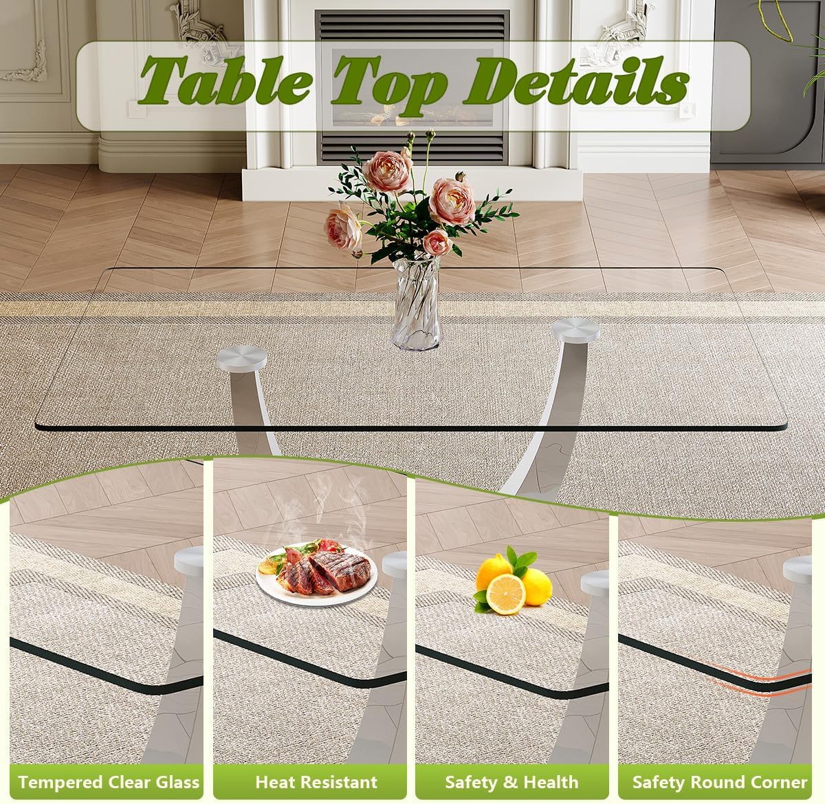 63'' Glass Dining Table Set for 4, Dining Room Table Set for 4