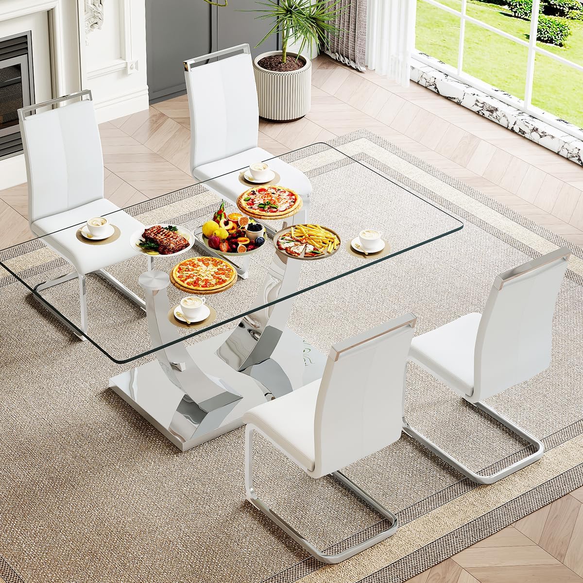 63'' Glass Dining Table Set for 4, Dining Room Table Set for 4