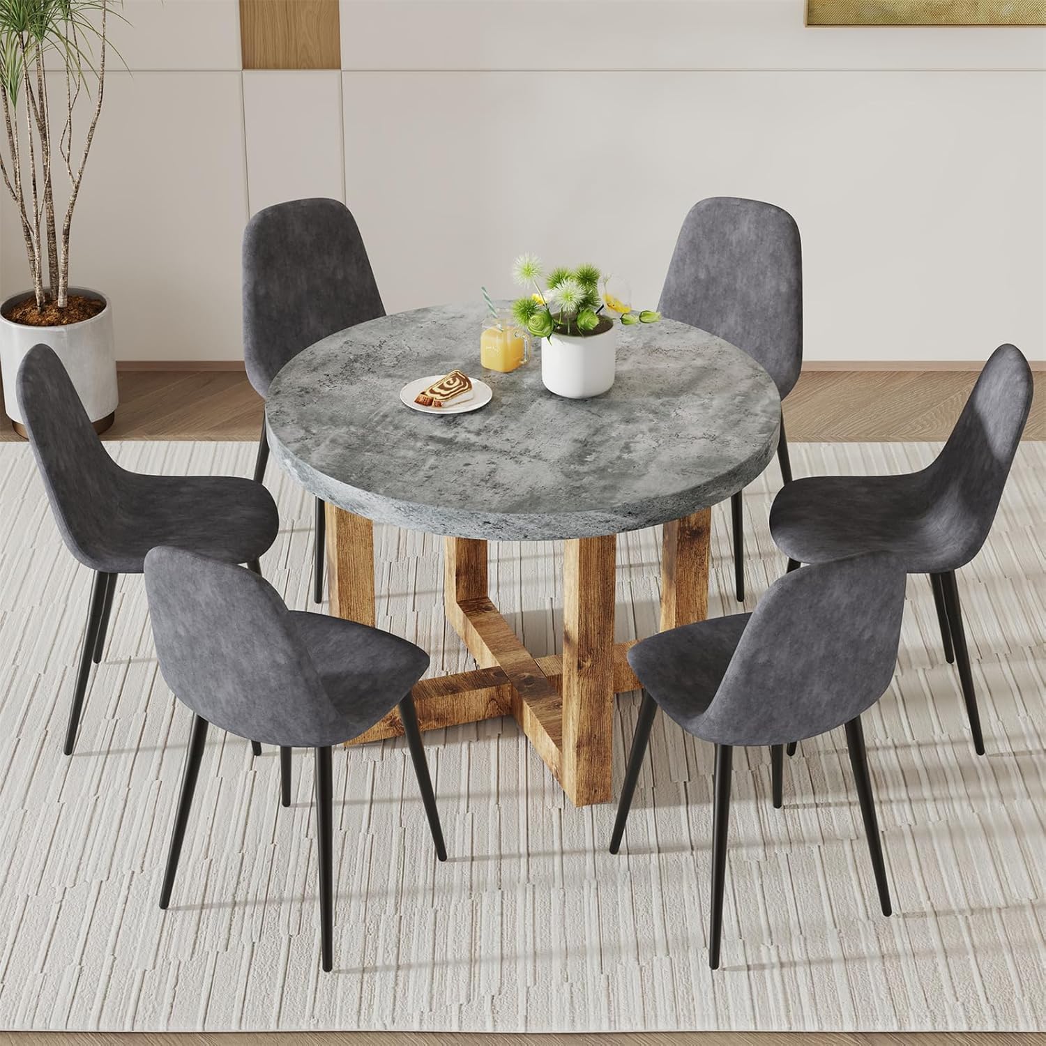 7-Piece Dining Table and Chair Set, Round Wooden Dining Set with Cushioned Chairs