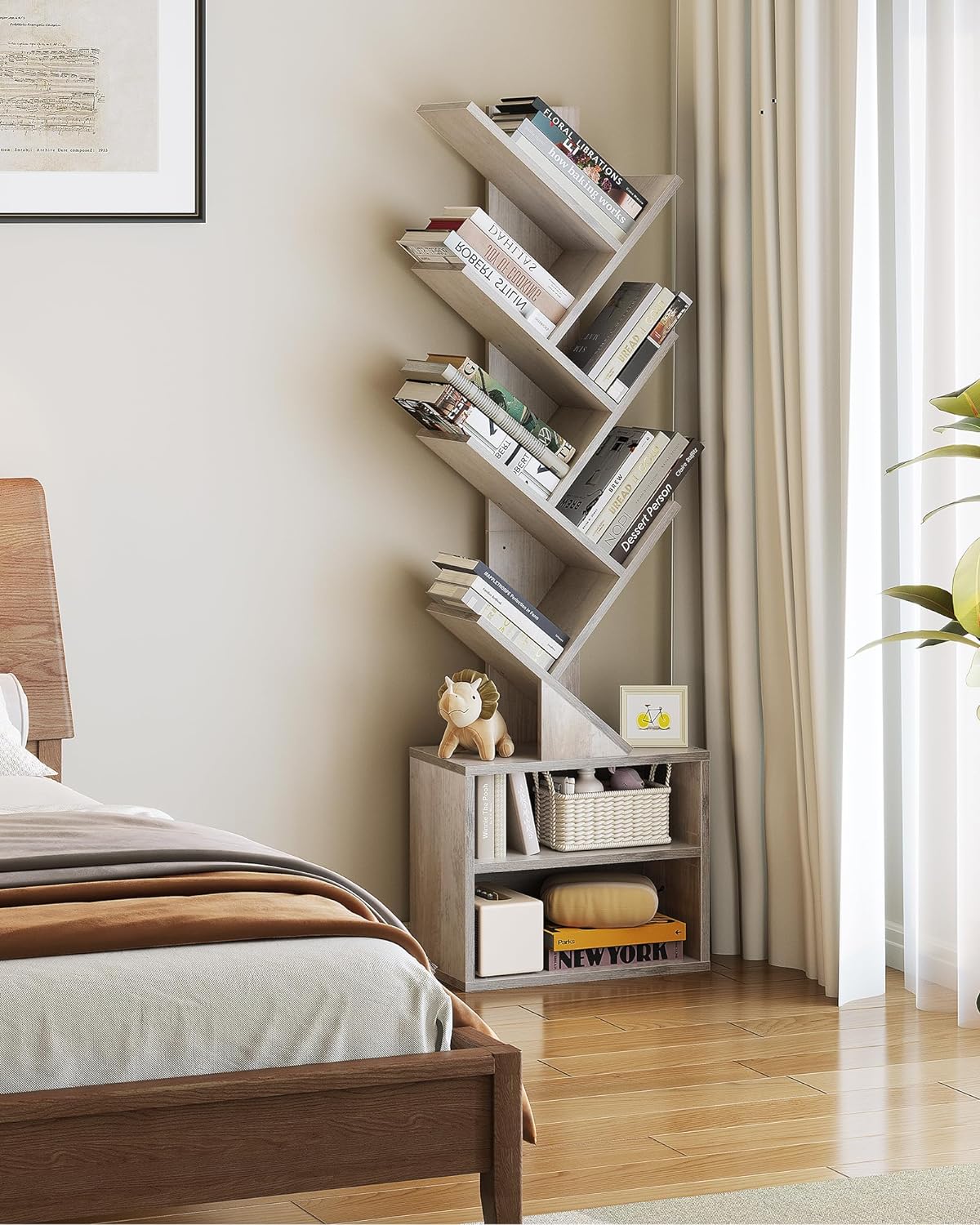 6 Tier Tree Bookshelf, Tall Bookcase with Storage Cabinet, Modern Narrow Bookshelves Organizer