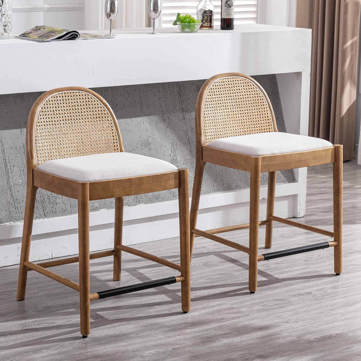 Modern Beige Rattan Counter Stools Set of 2, 26 Inch Height