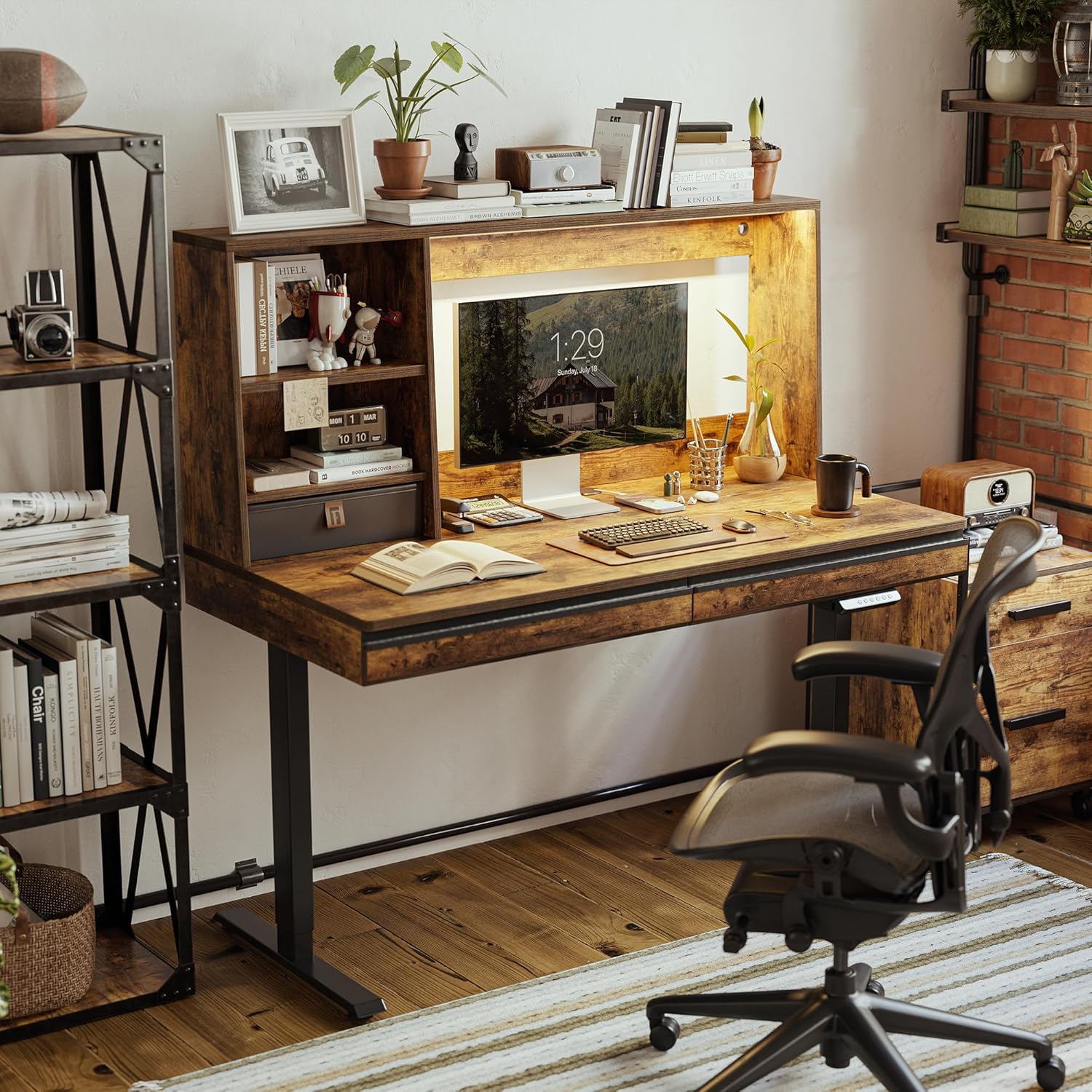 55 x 27.5 Inches Electric Standing Desk with Open Shelf&LED Strip, Adjustable Height Sit Stand Up Desks with 3 Drawers