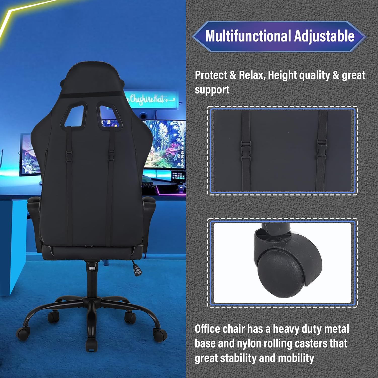 Faux Leather Seat Reclining Ergonomic Gaming Chair with Adjustable Arms