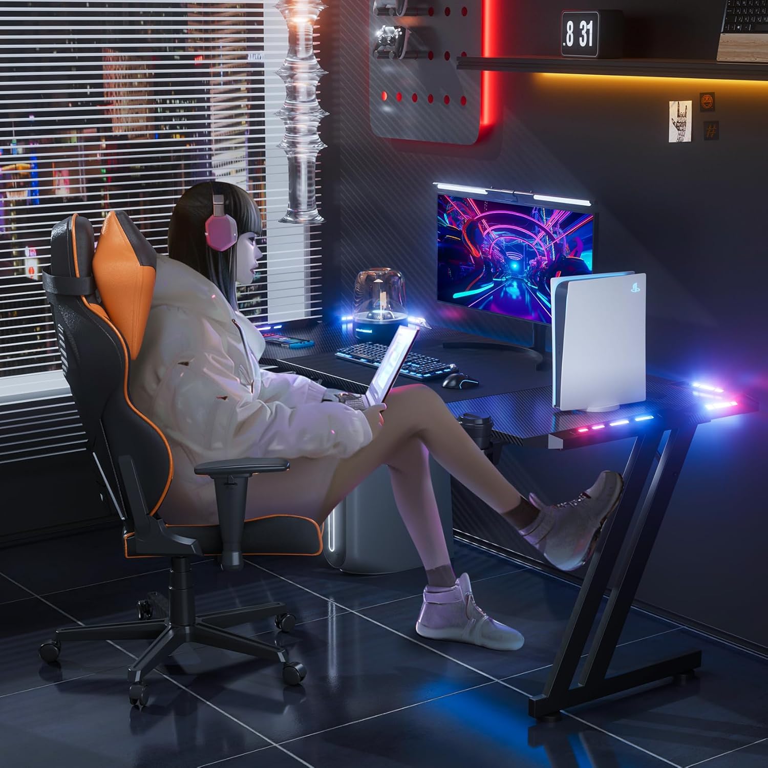 63 Inch Gaming Desk with LED Lights Carbon Fibre Surface Gaming Table Large Computer Desk