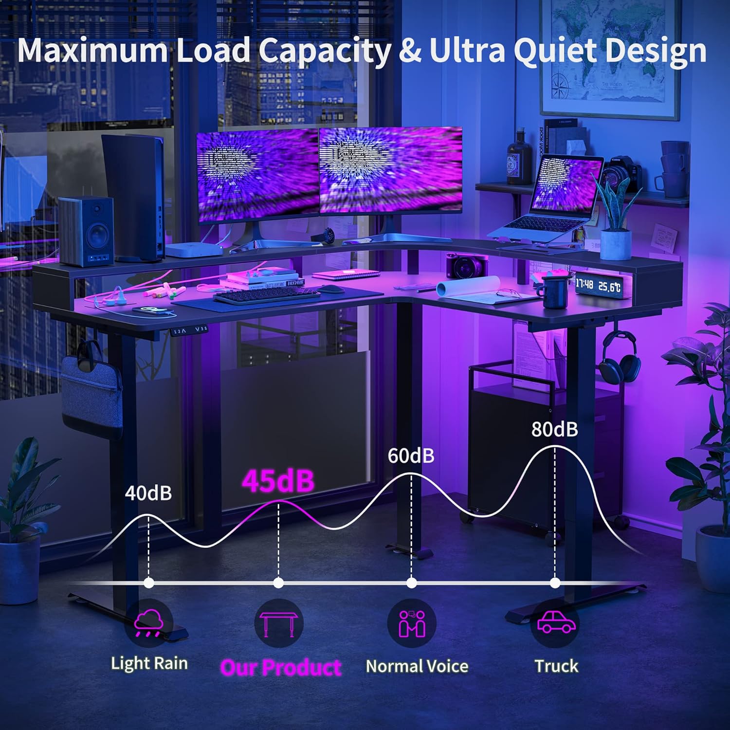 L Shaped Standing Desk with Arc LED & Power Outlet, Exclusive Uprated 3 Motors Support 330LBS