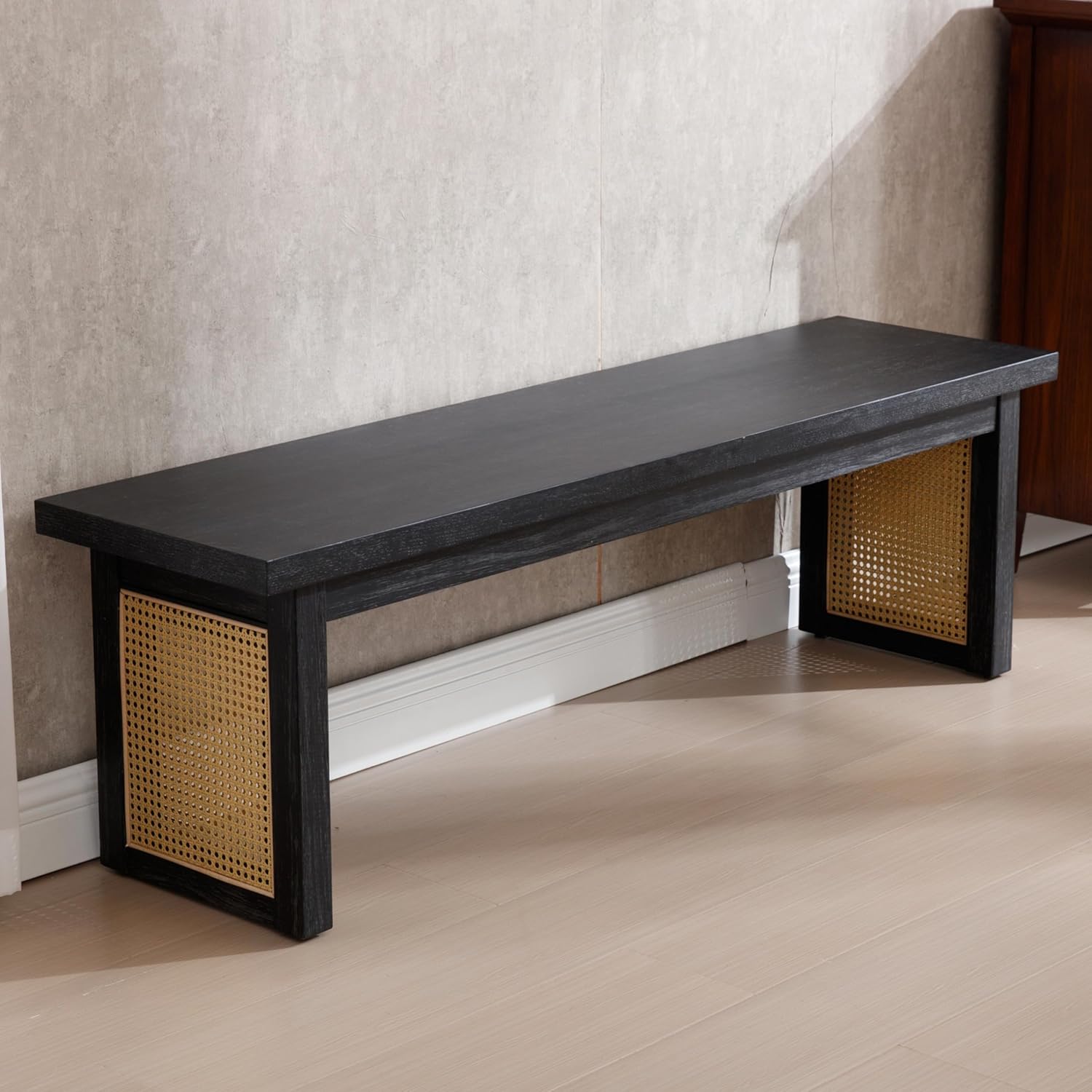 60" Wood Dining Bench with Rattan Fininsh, Farmhouse Indoor Kitchen Table Bench