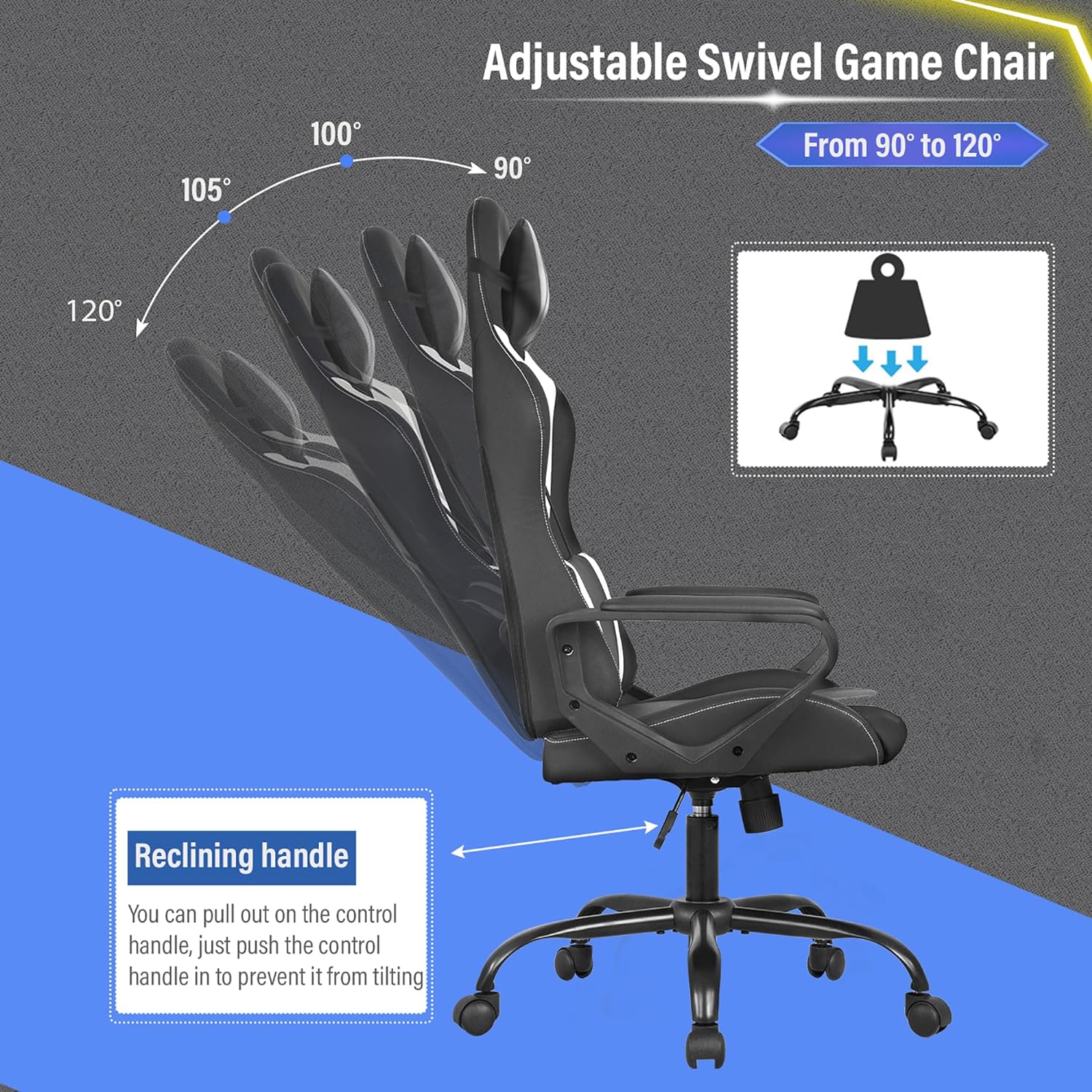 Faux Leather Seat Reclining Ergonomic Gaming Chair with Adjustable Arms