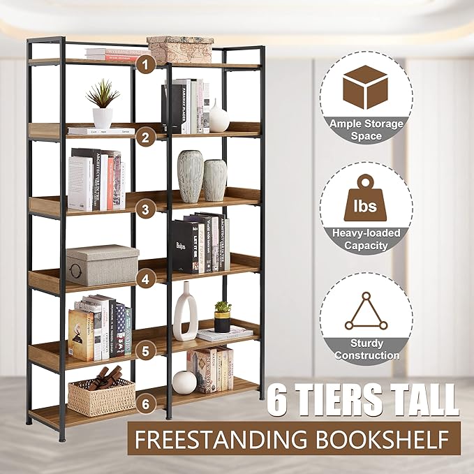 71 Inch Tall Bookshelf, 6-Tier Industrial Bookshelf