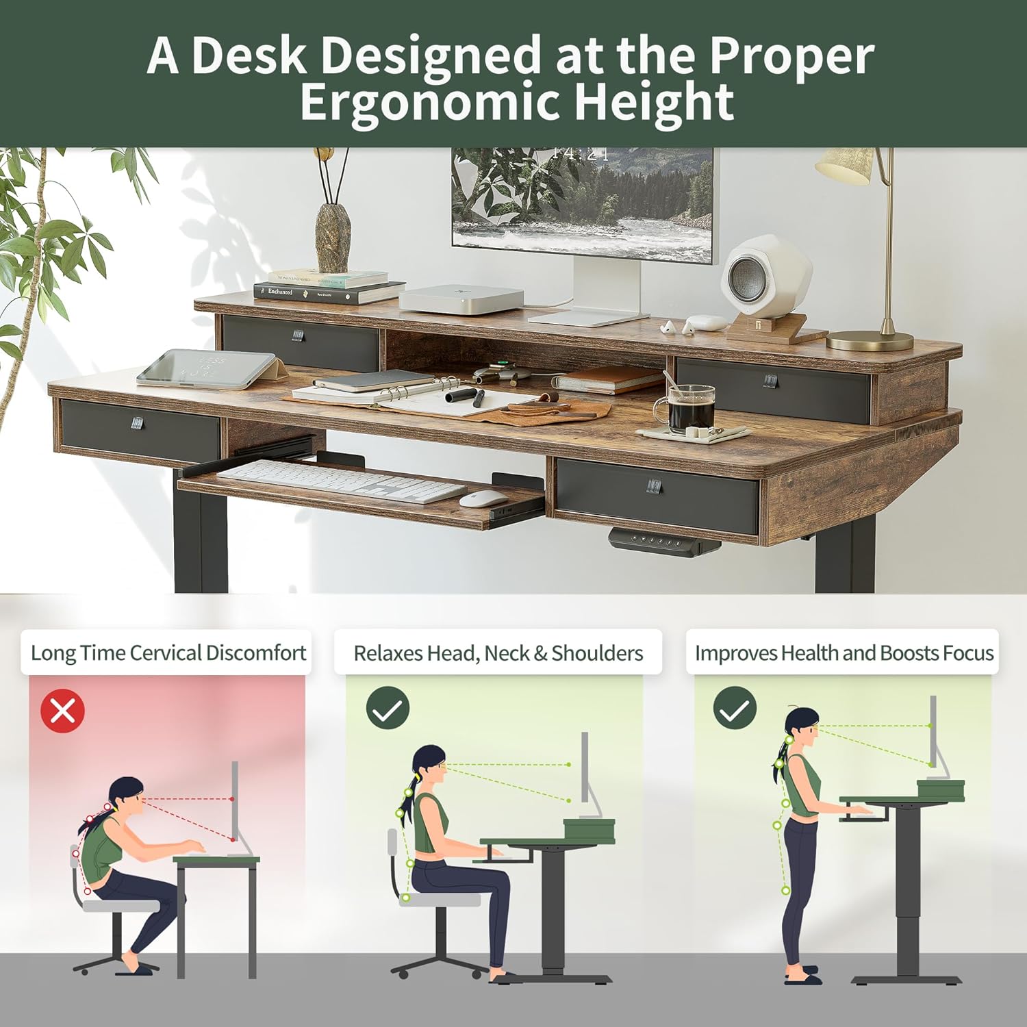 Height Adjustable Electric Standing Desk with 4 Drawers and Keyboard Tray, 48 x 24 Inch Table with Storage Shelf