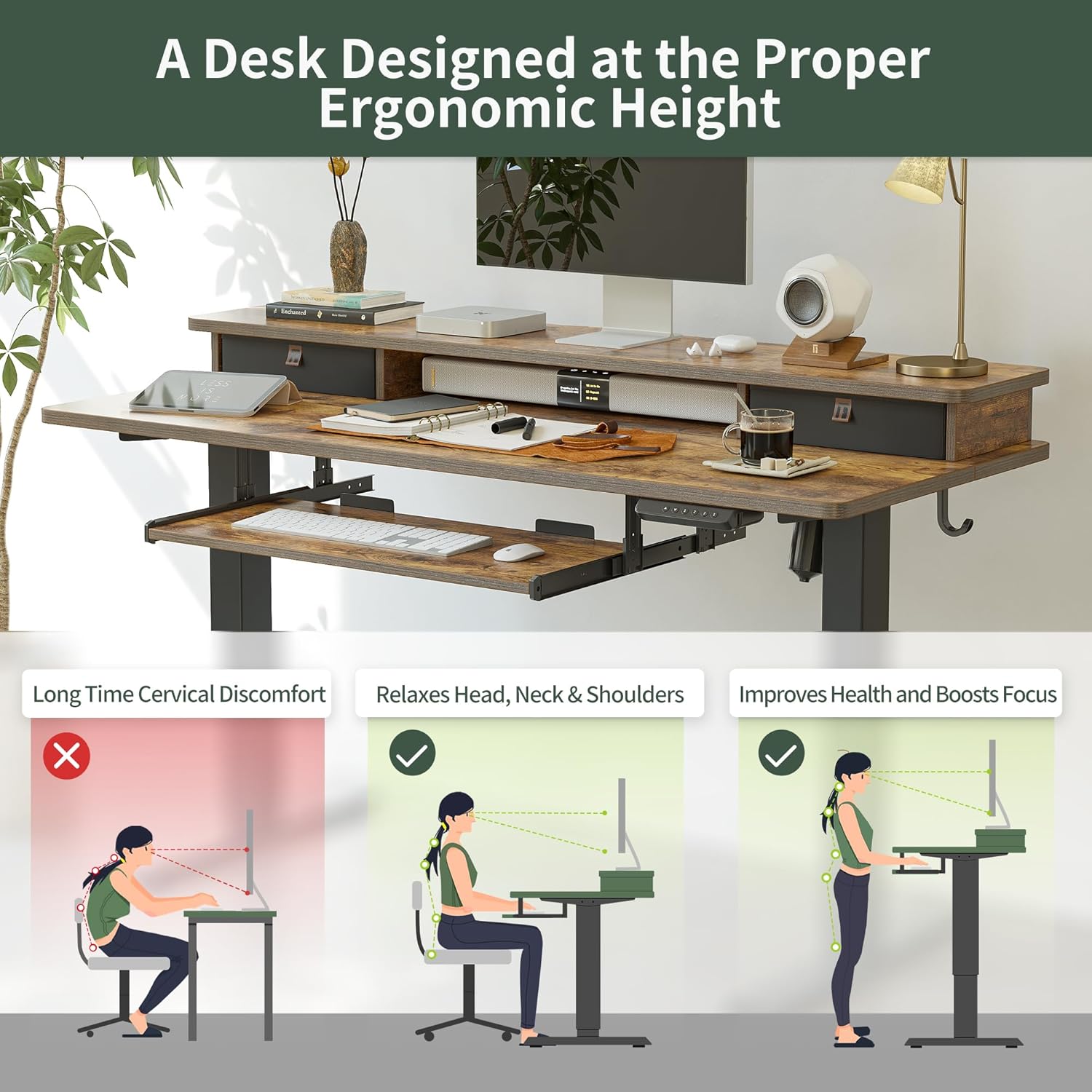 Standing Desk with Drawers, Adjustable Height Desk with Keyboard Tray, Stand Up Desk with Storage Shelf