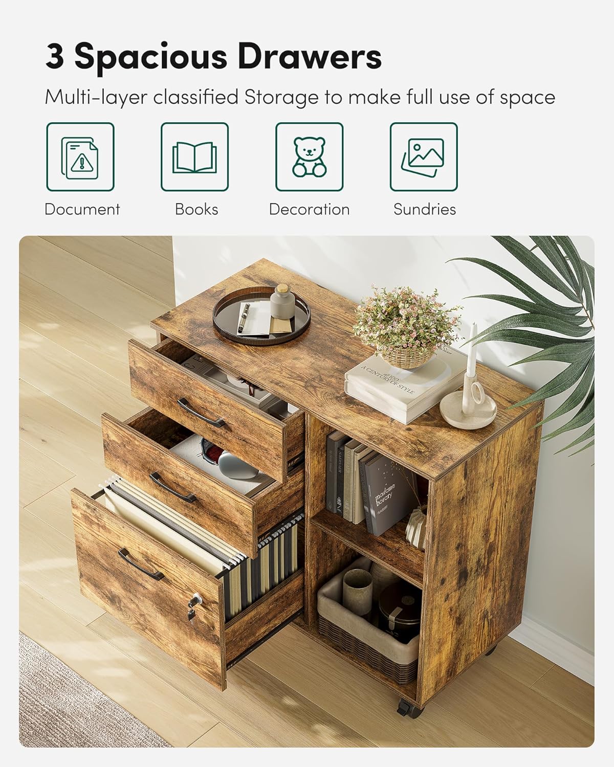 3-Drawer Mobile File Cabinet, Lateral Filing Cabinet with Lock