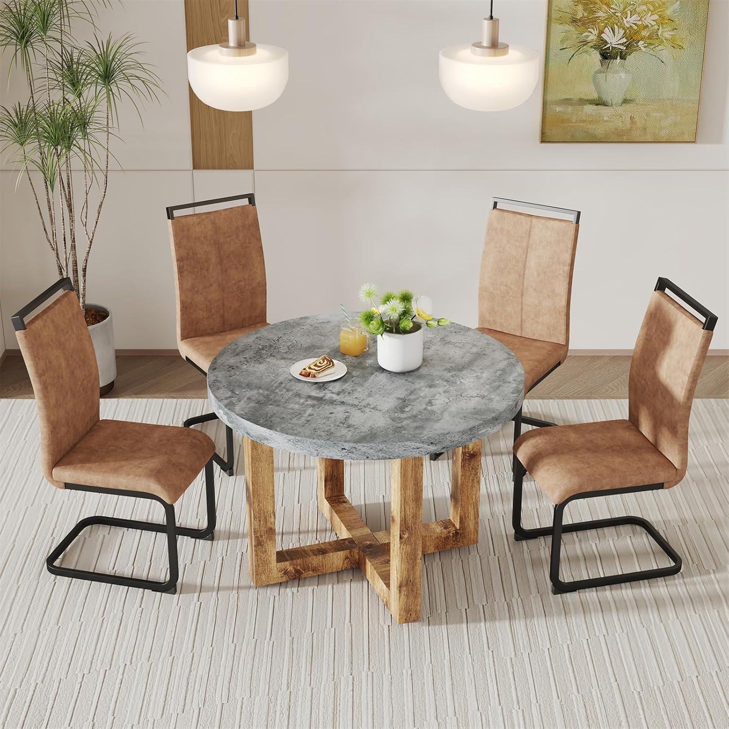 Round Dining Table Set for 4, Farmhouse Kitchen Table Small 42 Inch Dinner Table Wood Round Coffee Table