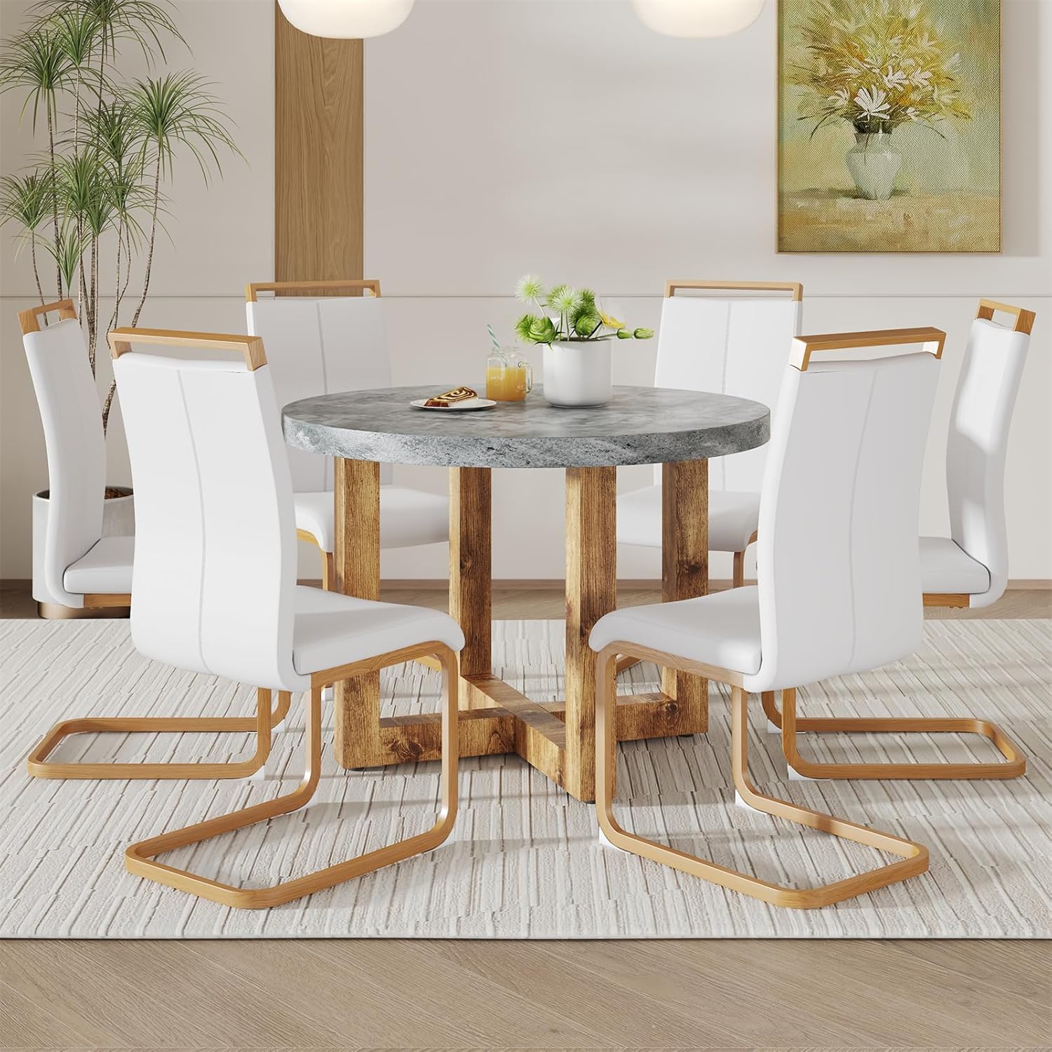 7-Piece Dining Table and Chair Set, Round Wooden Dining Set with Cushioned Chairs